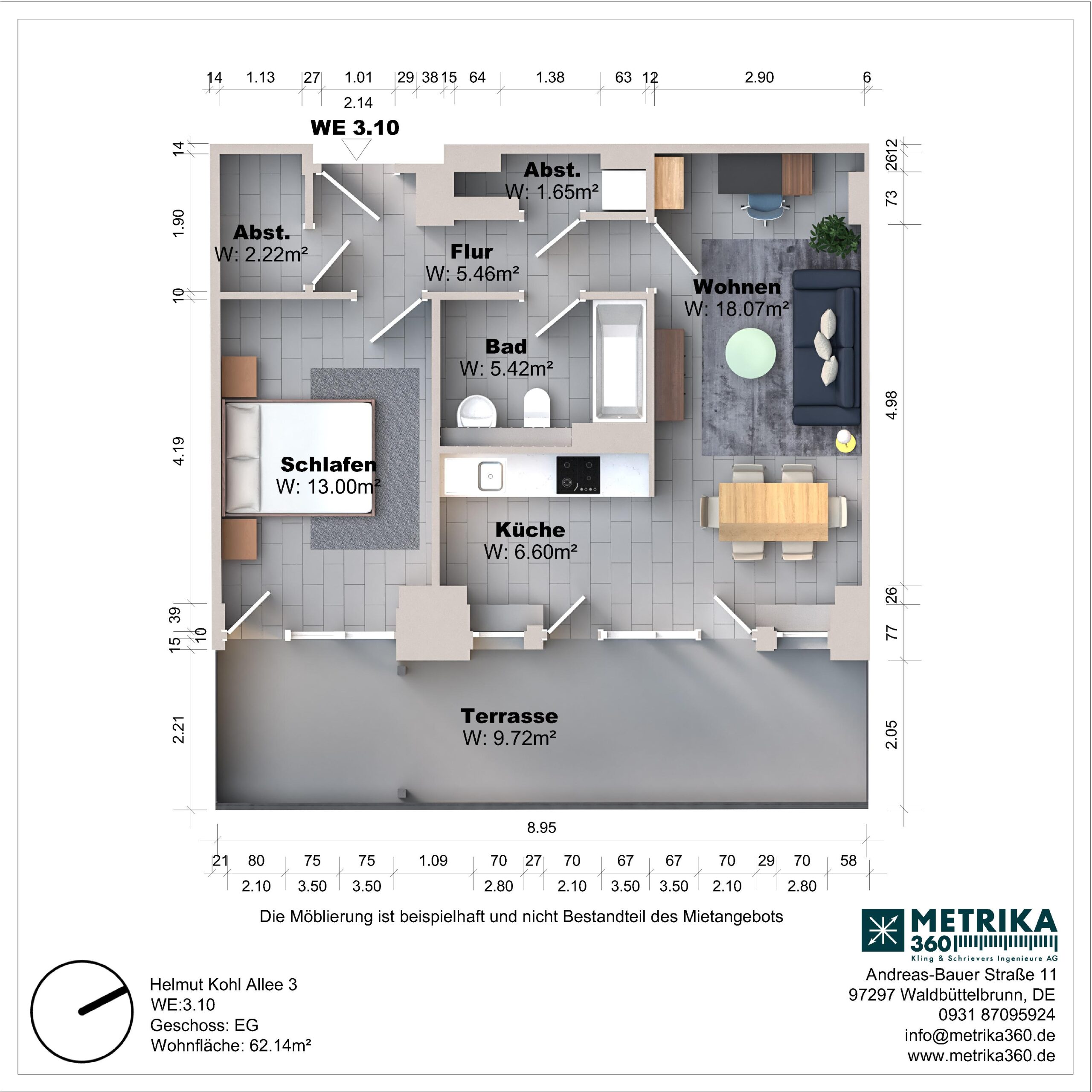 Grundriss einer Wohnung mit Terrasse und Zimmeraufteilung.