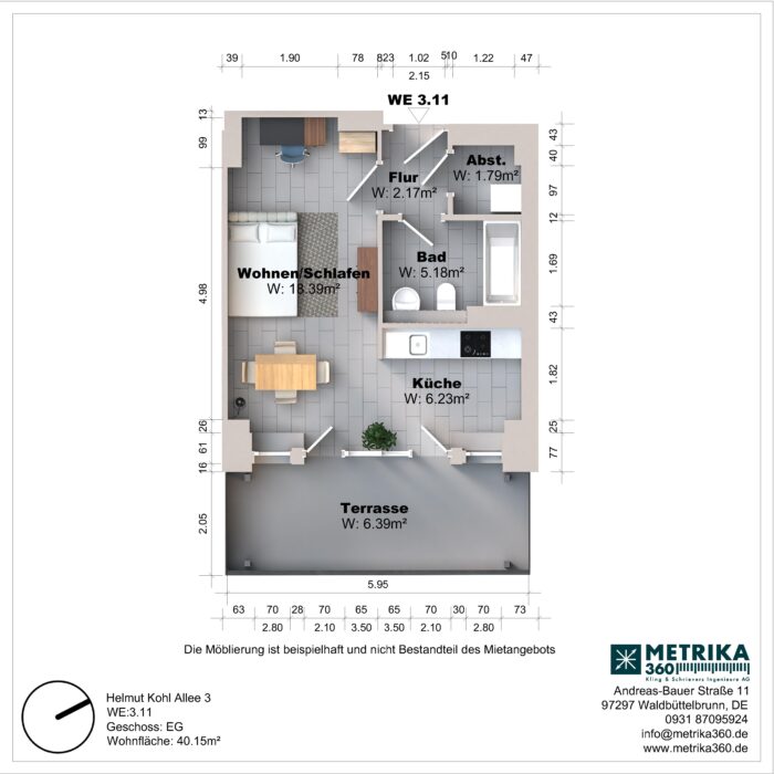 Grundriss einer Wohnung mit Terrasse und Möbeln.