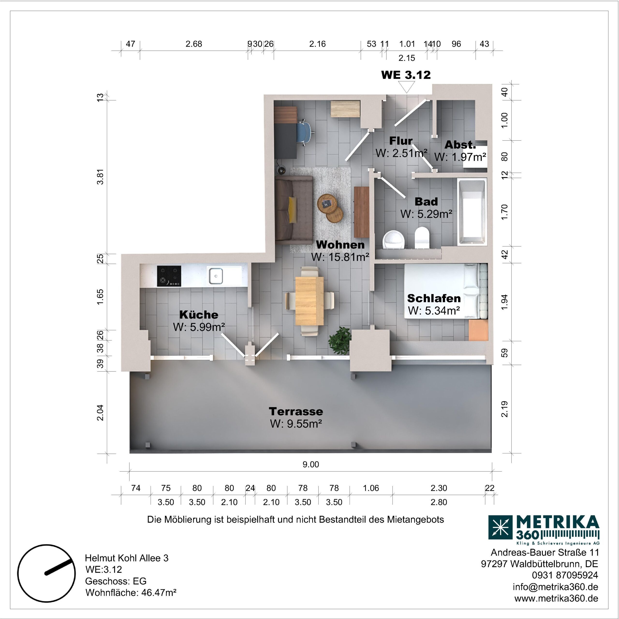 Grundriss einer Wohnung mit Terrasse und Zimmeraufteilung.