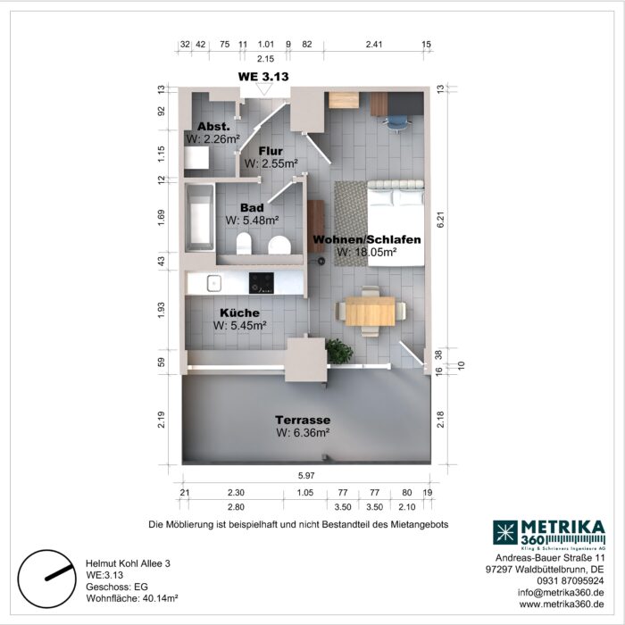 Grundriss einer Wohnung mit Terrasse und Möbeln.