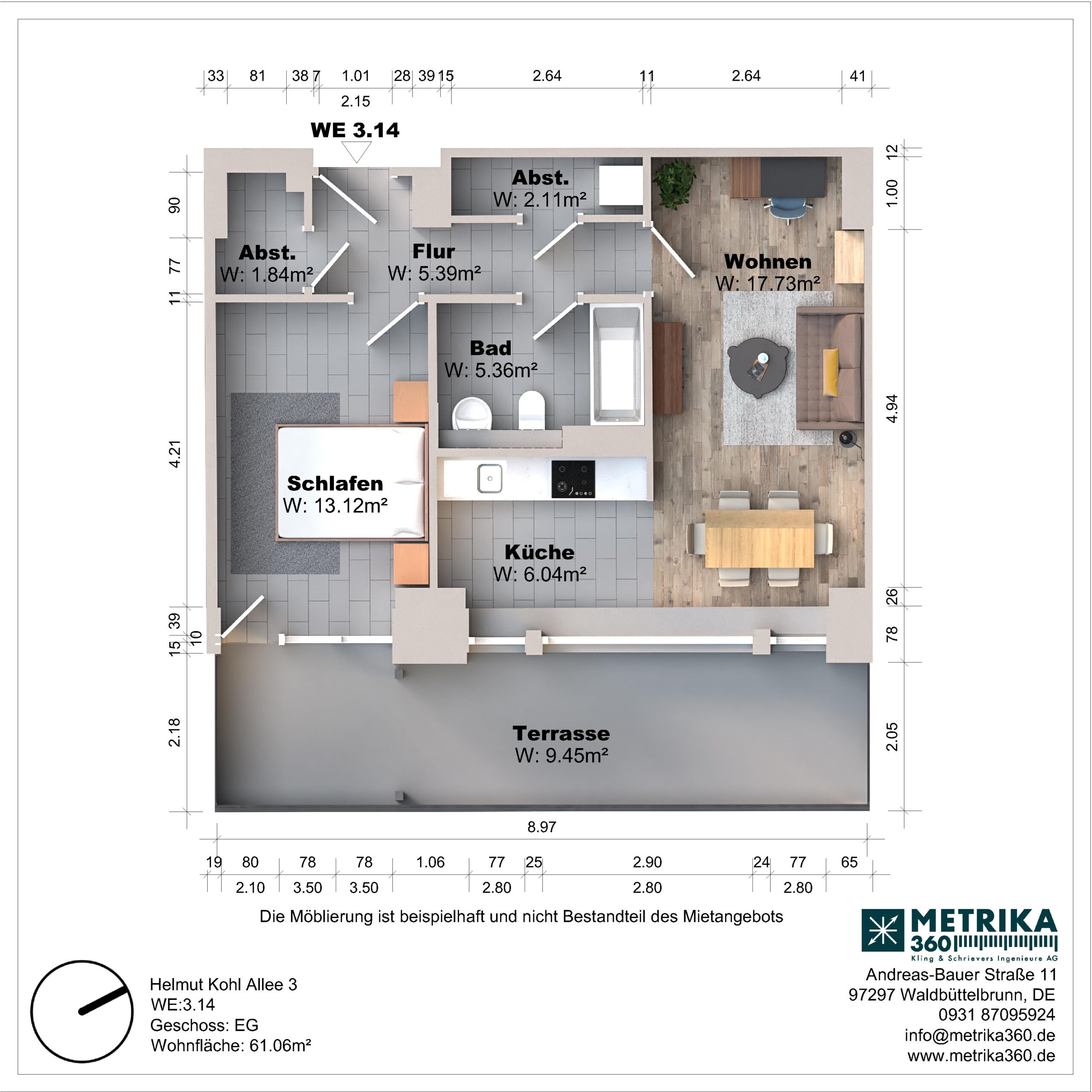Grundriss einer Wohnung mit Terrasse und Zimmeraufteilung.
