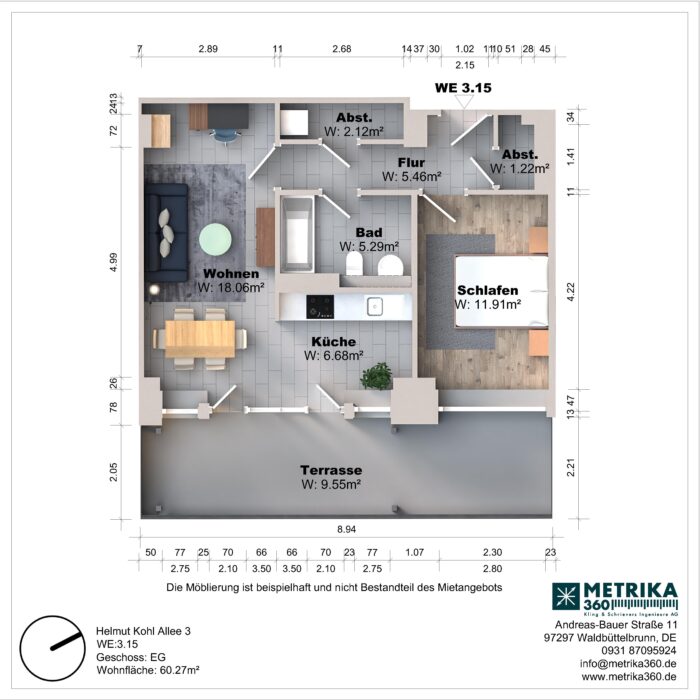Grundriss einer Wohnung mit Terrasse und Zimmern.