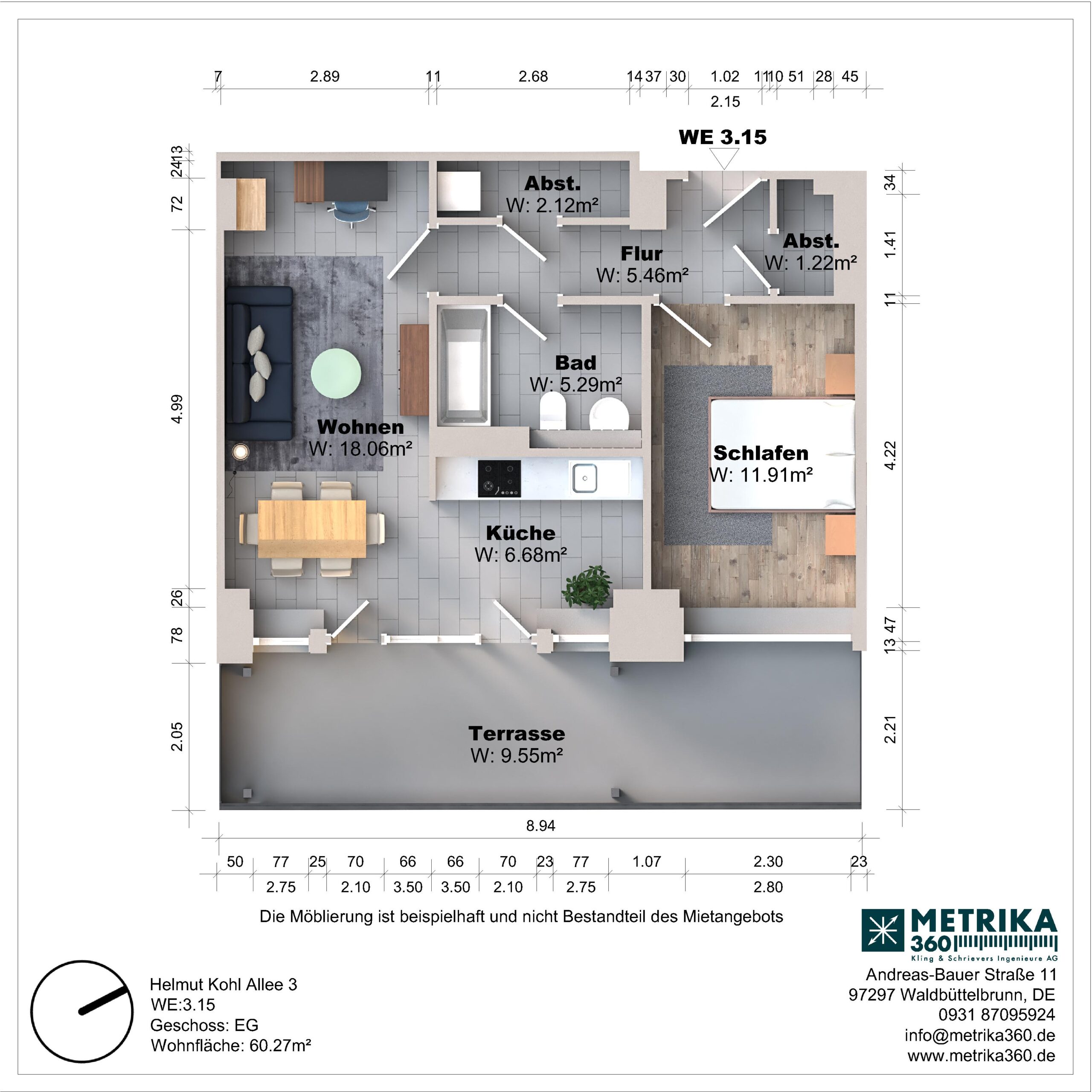 Grundriss einer Wohnung mit Terrasse und Zimmern.