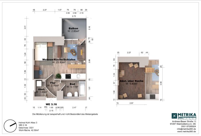 Grundriss einer Wohnung mit Balkon und Abstellraum.