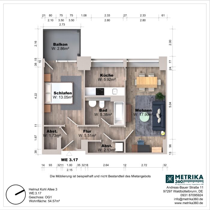Grundriss einer Wohnung mit Balkon und Möbeln.