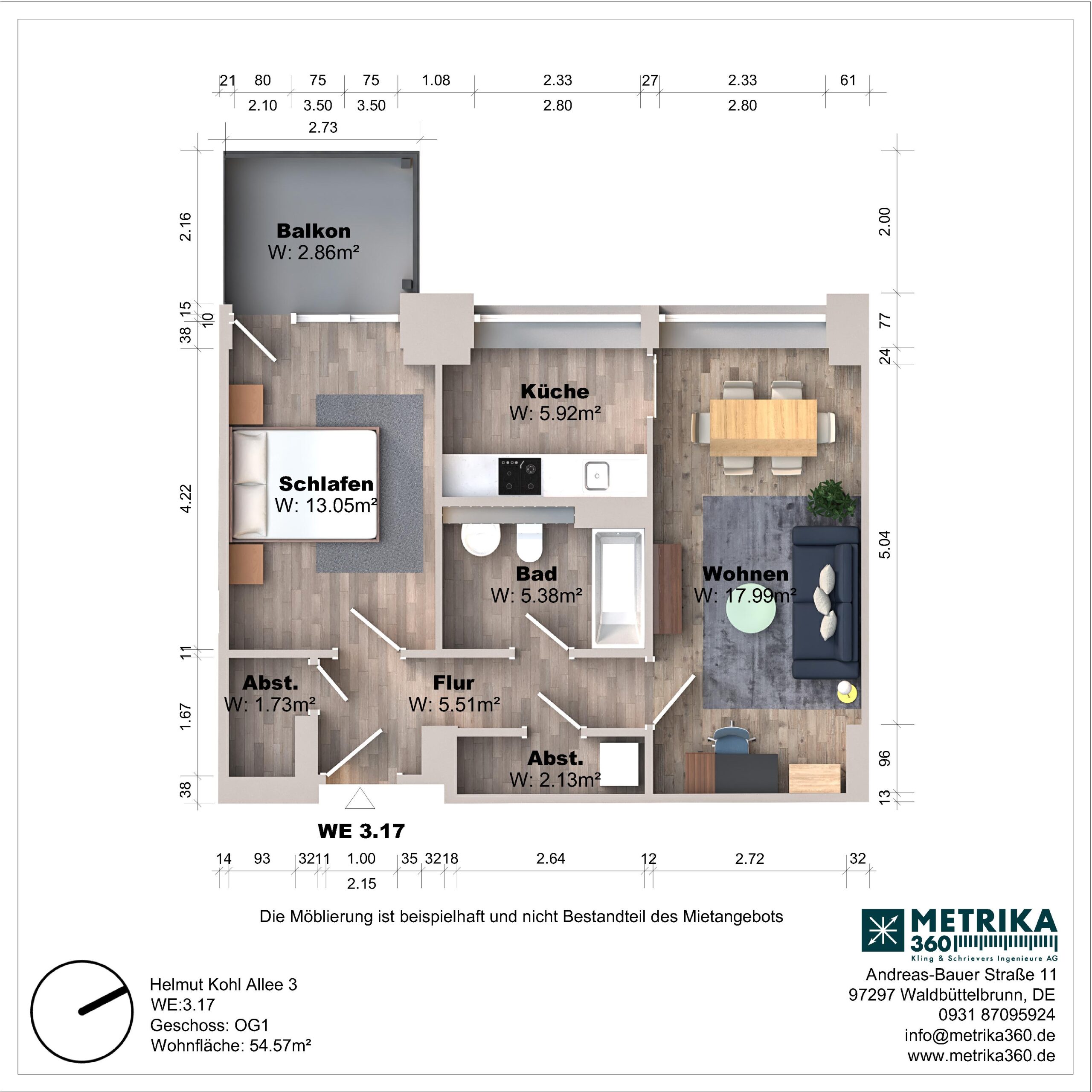 Grundriss einer Wohnung mit Balkon und Möbeln.