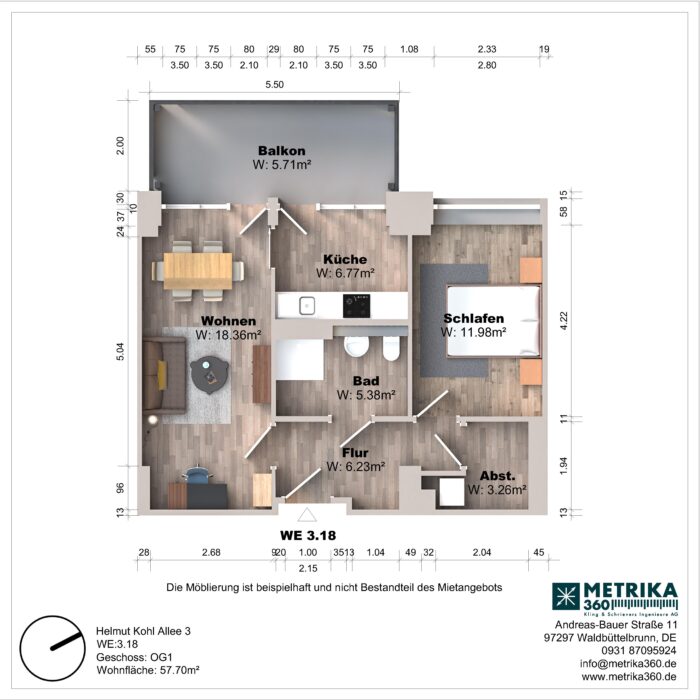 Grundriss einer Wohnung mit Balkon und Zimmern.