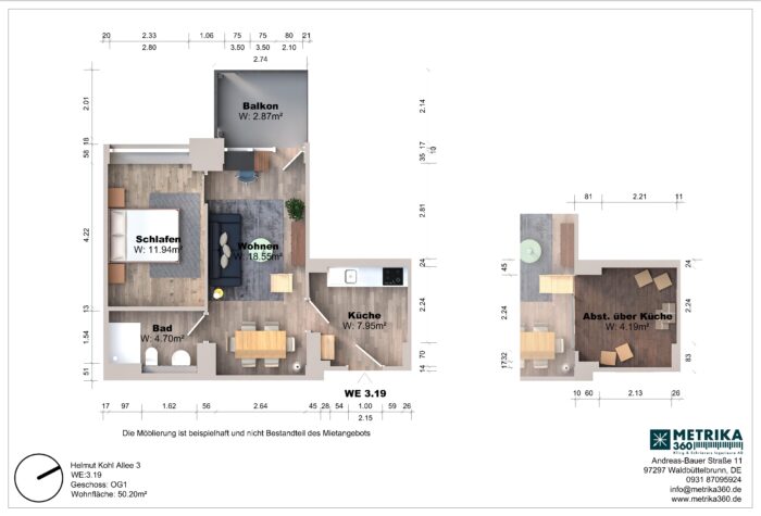 Grundriss einer Wohnung mit Balkon und Möbeln.