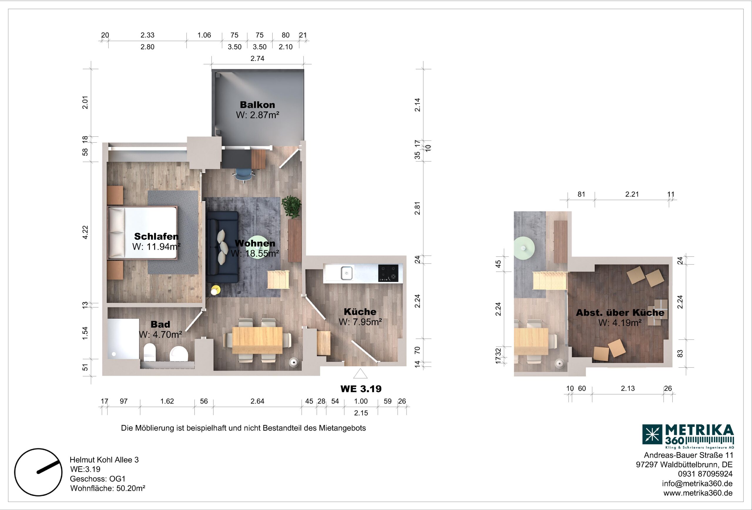 Grundriss einer Wohnung mit Balkon und Möbeln.