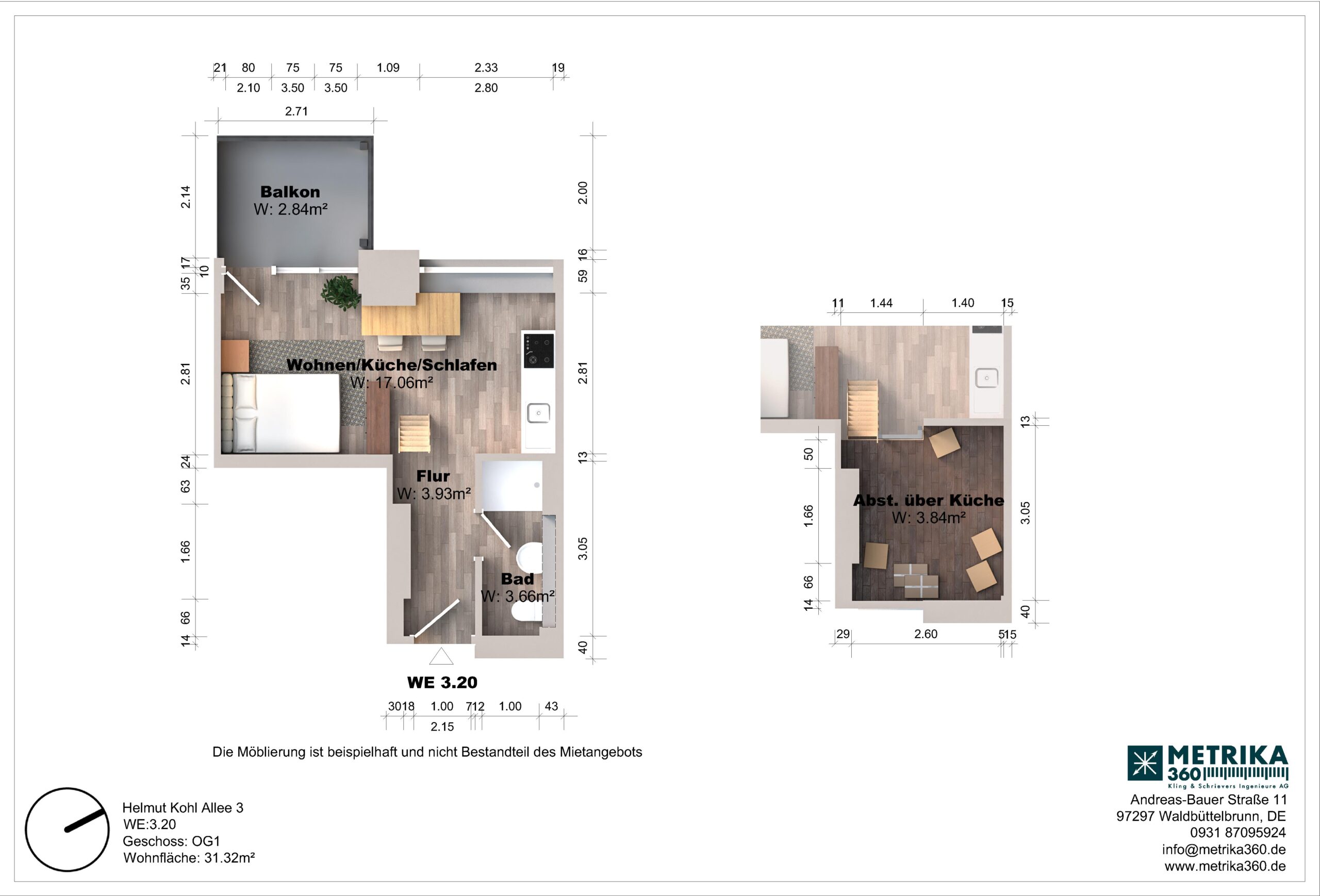Grundriss einer Wohnung mit Balkon und Möbeln.