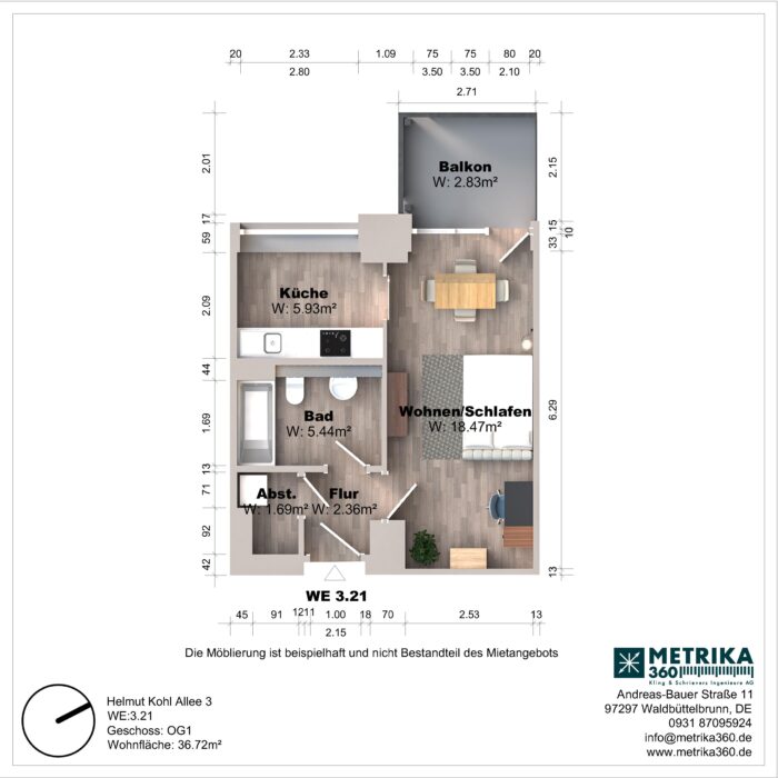 Grundriss einer Wohnung mit Balkon und Küche.