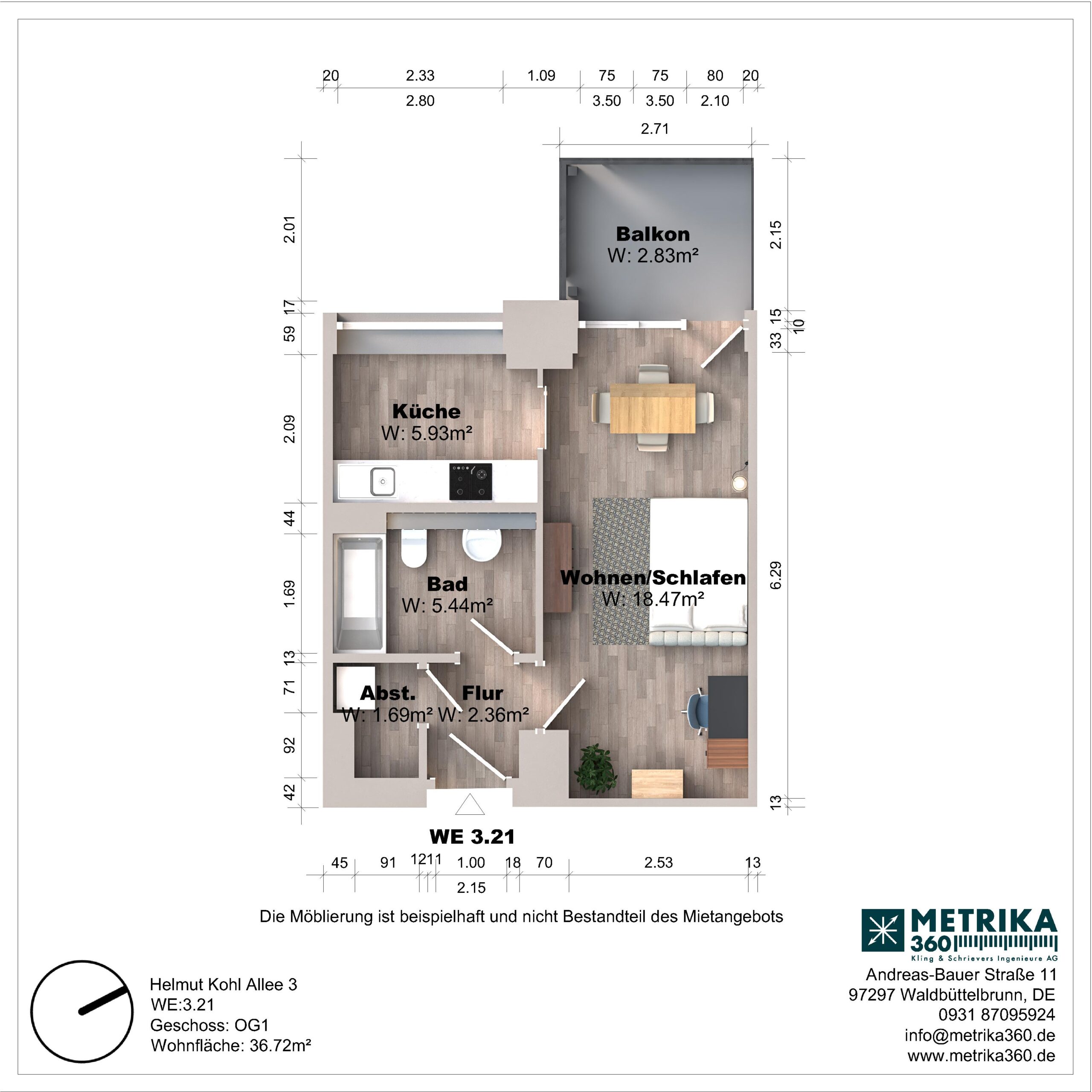 Grundriss einer Wohnung mit Balkon und Küche.