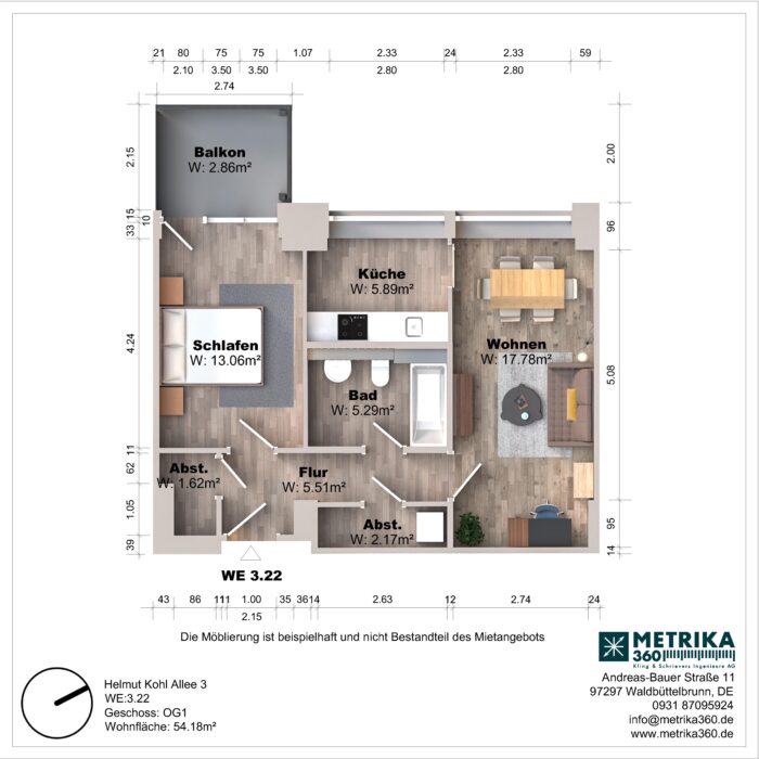 Grundriss einer Wohnung mit Balkon und Zimmern.