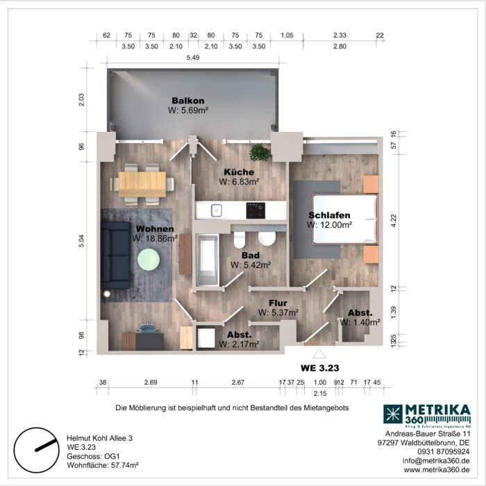 Grundriss einer Wohnung mit Balkon und Zimmeraufteilung.