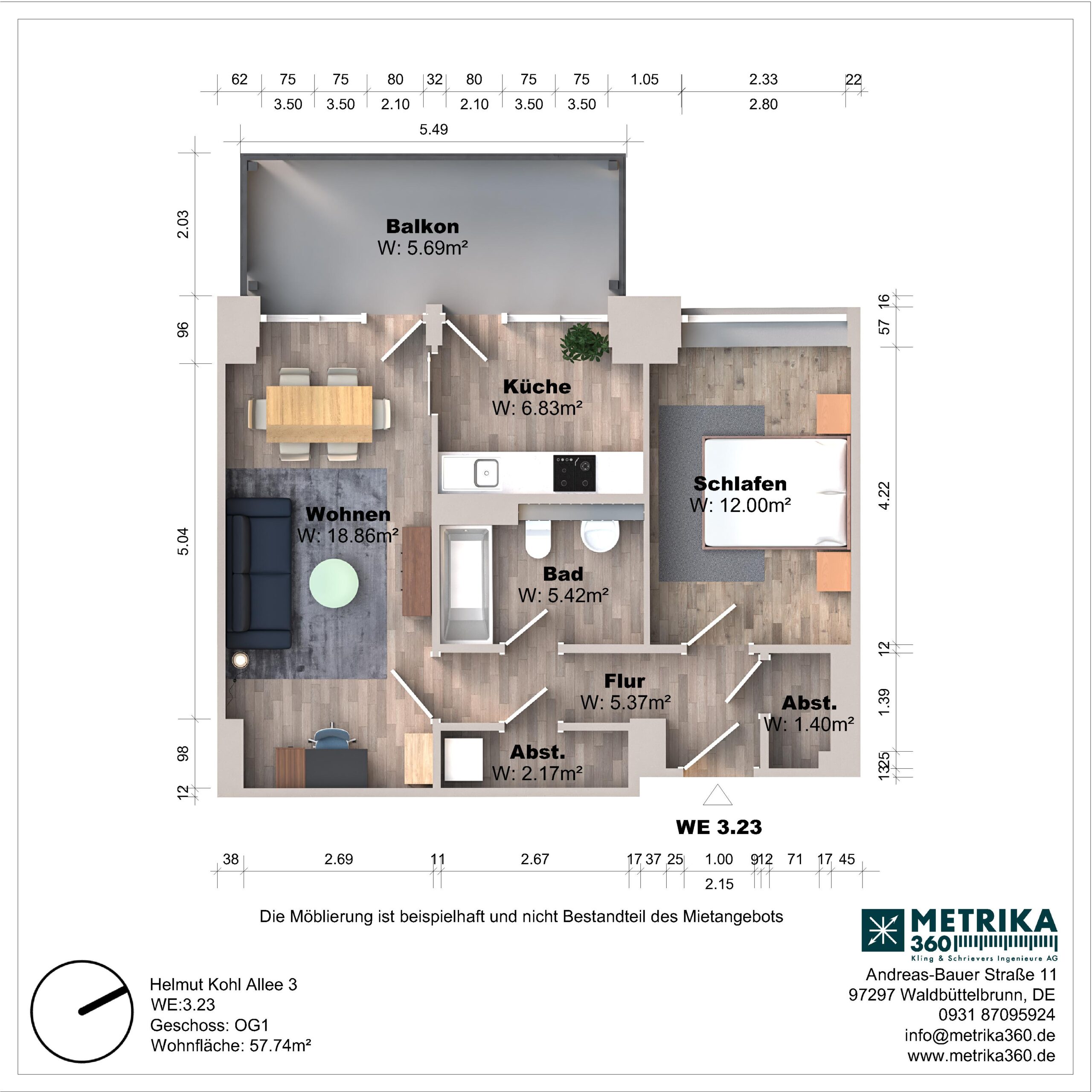 Grundriss einer Wohnung mit Balkon und Zimmeraufteilung.