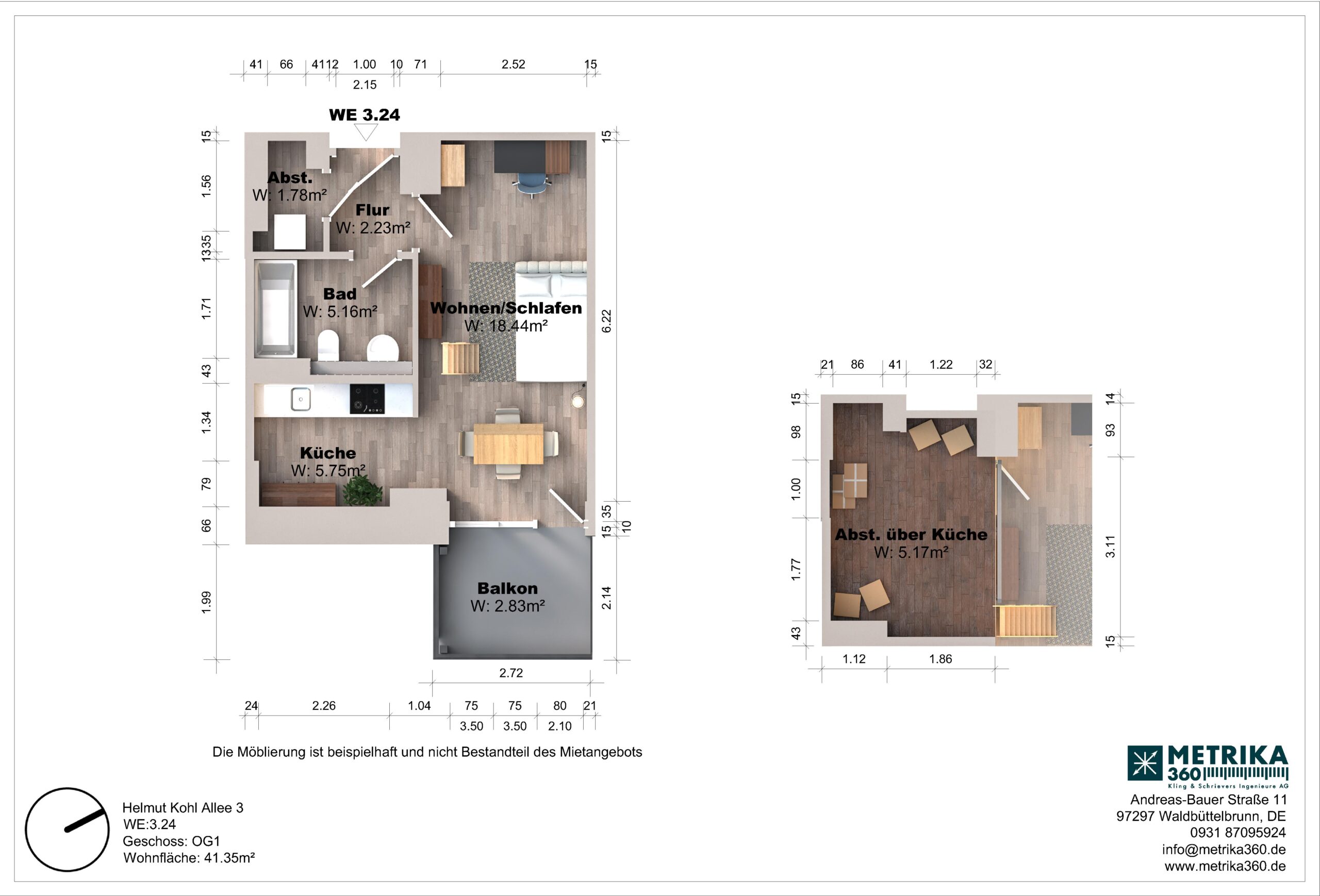 Grundriss einer Wohnung mit Balkon und Küche.