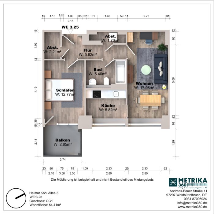 Grundriss einer Wohnung mit Zimmeraufteilung und Maßen.