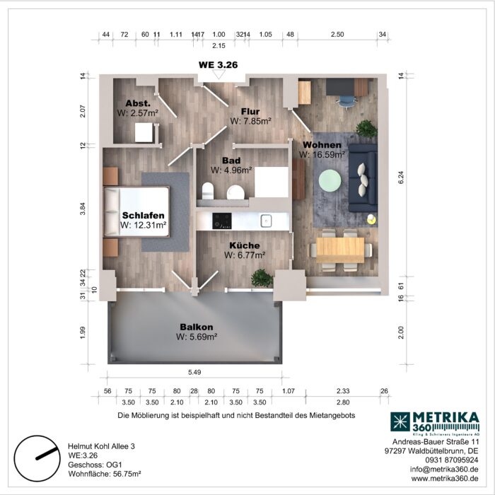 Grundriss einer Wohnung mit Balkon und Möbelanordnung.