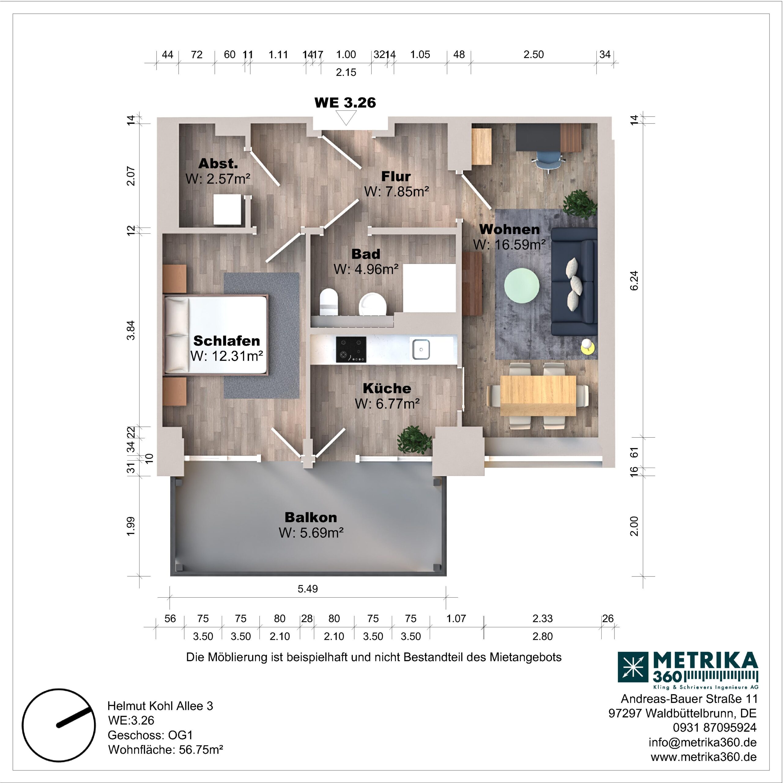 Grundriss einer Wohnung mit Balkon und Möbelanordnung.