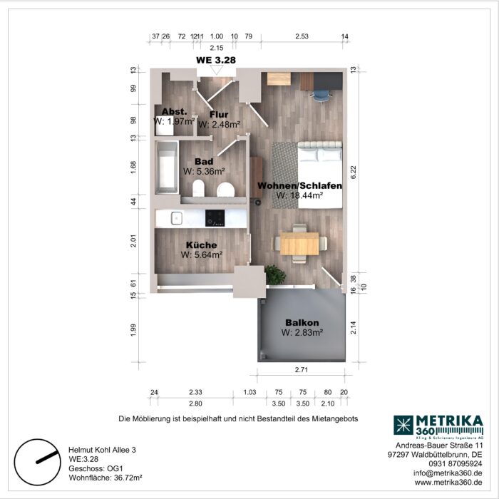 Grundriss einer Einzimmerwohnung mit Balkon und Küche.