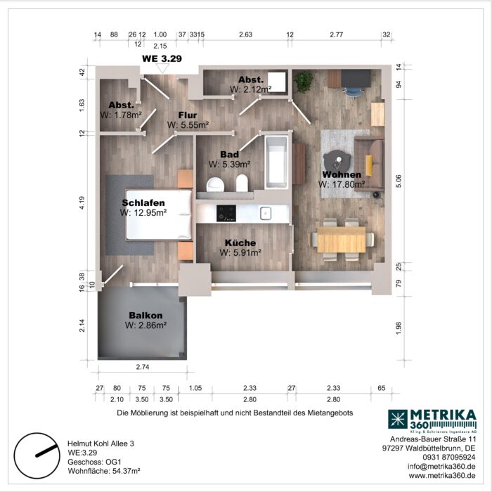 Grundriss einer Wohnung mit Balkon und Zimmeraufteilung.