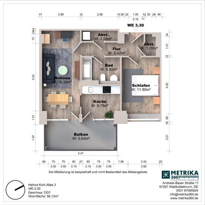 Grundriss einer Wohnung mit Balkon und Zimmern.