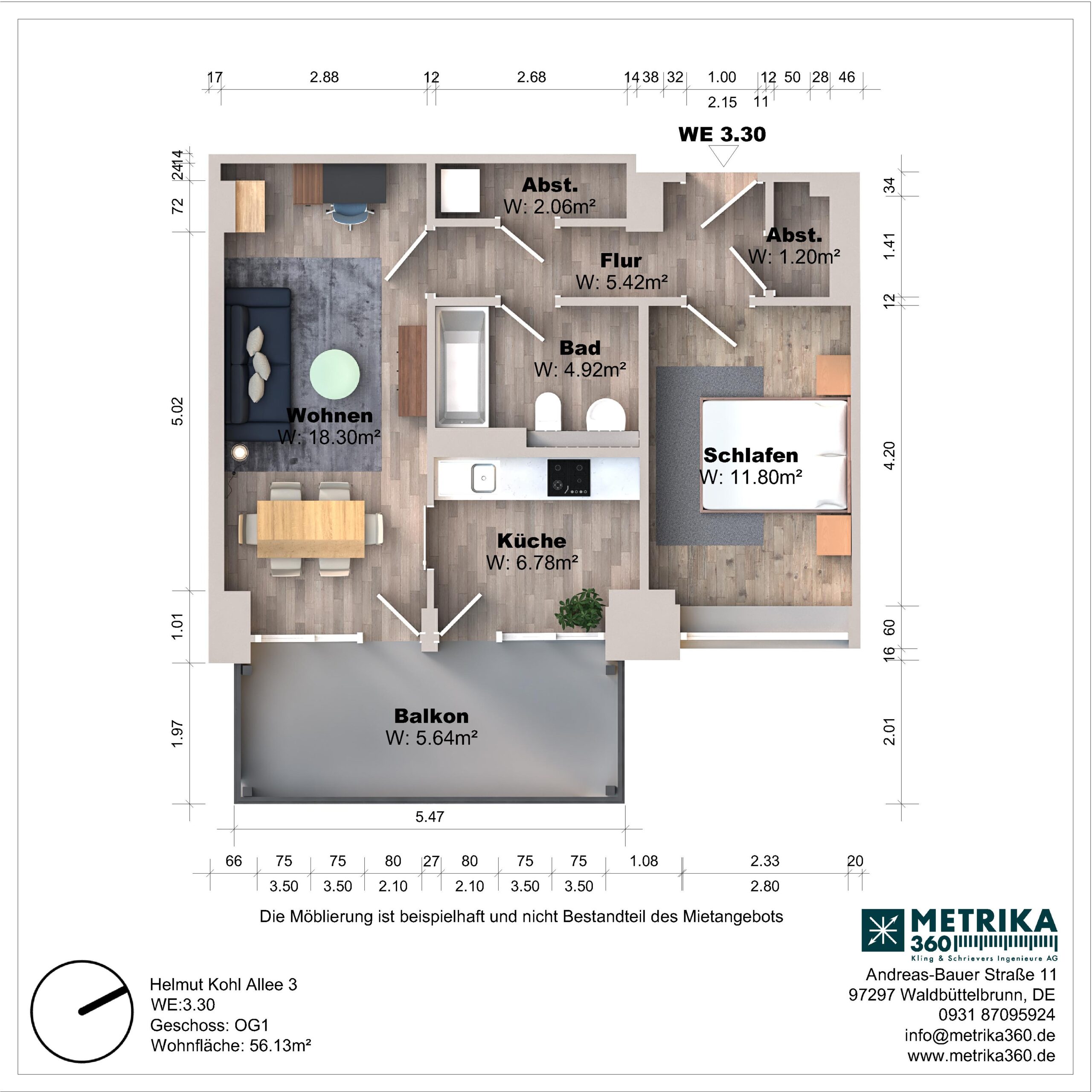 Grundriss einer Wohnung mit Balkon und Zimmern.