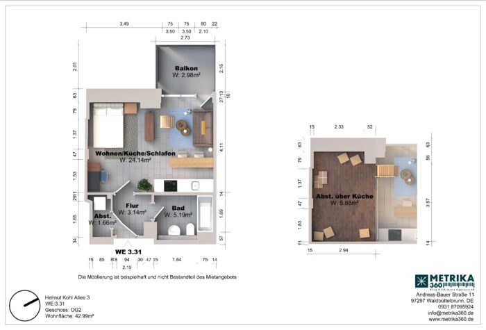 Grundriss einer Wohnung mit Balkon und Abstellraum.