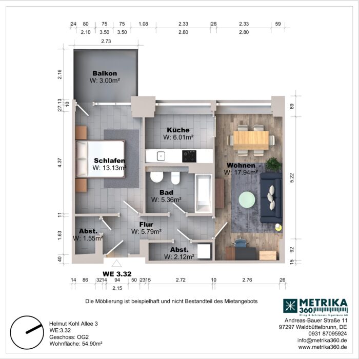 Grundriss einer Wohnung mit Balkon und Möbeln.