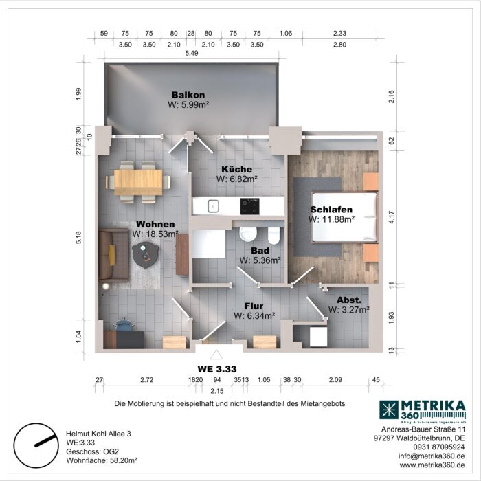Grundriss einer Wohnung mit Balkon und Zimmeraufteilung.