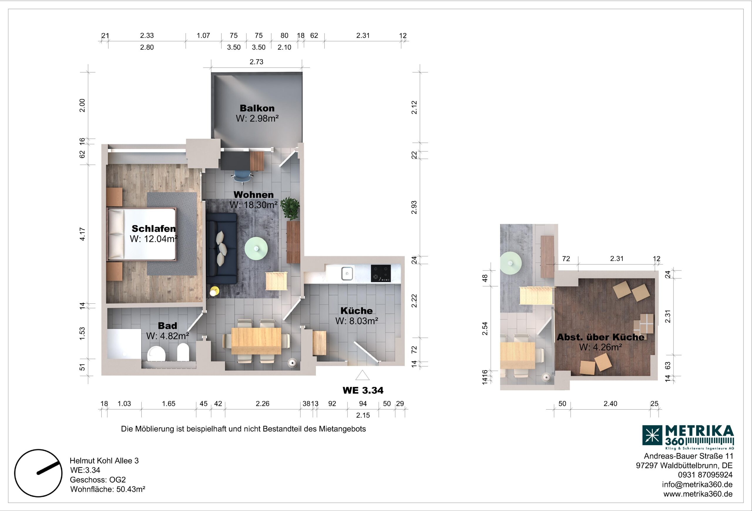 Grundriss einer Wohnung mit Balkon und Küche.