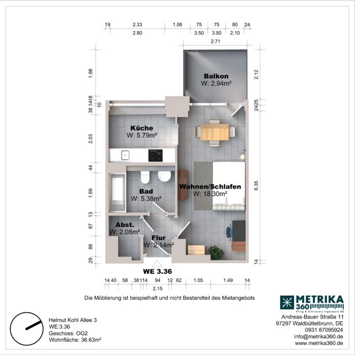 Grundriss einer Wohnung mit Balkon und Zimmeraufteilung.