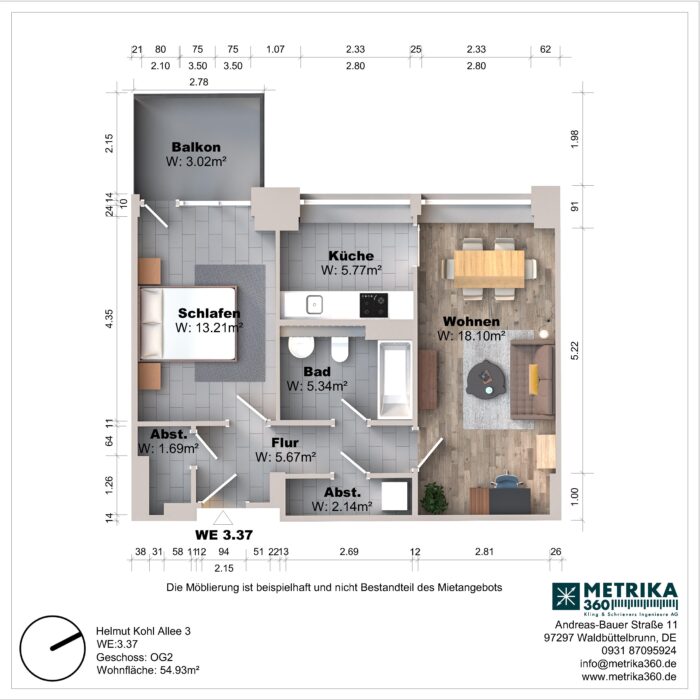 Grundriss einer Wohnung mit Balkon und Zimmeraufteilung.