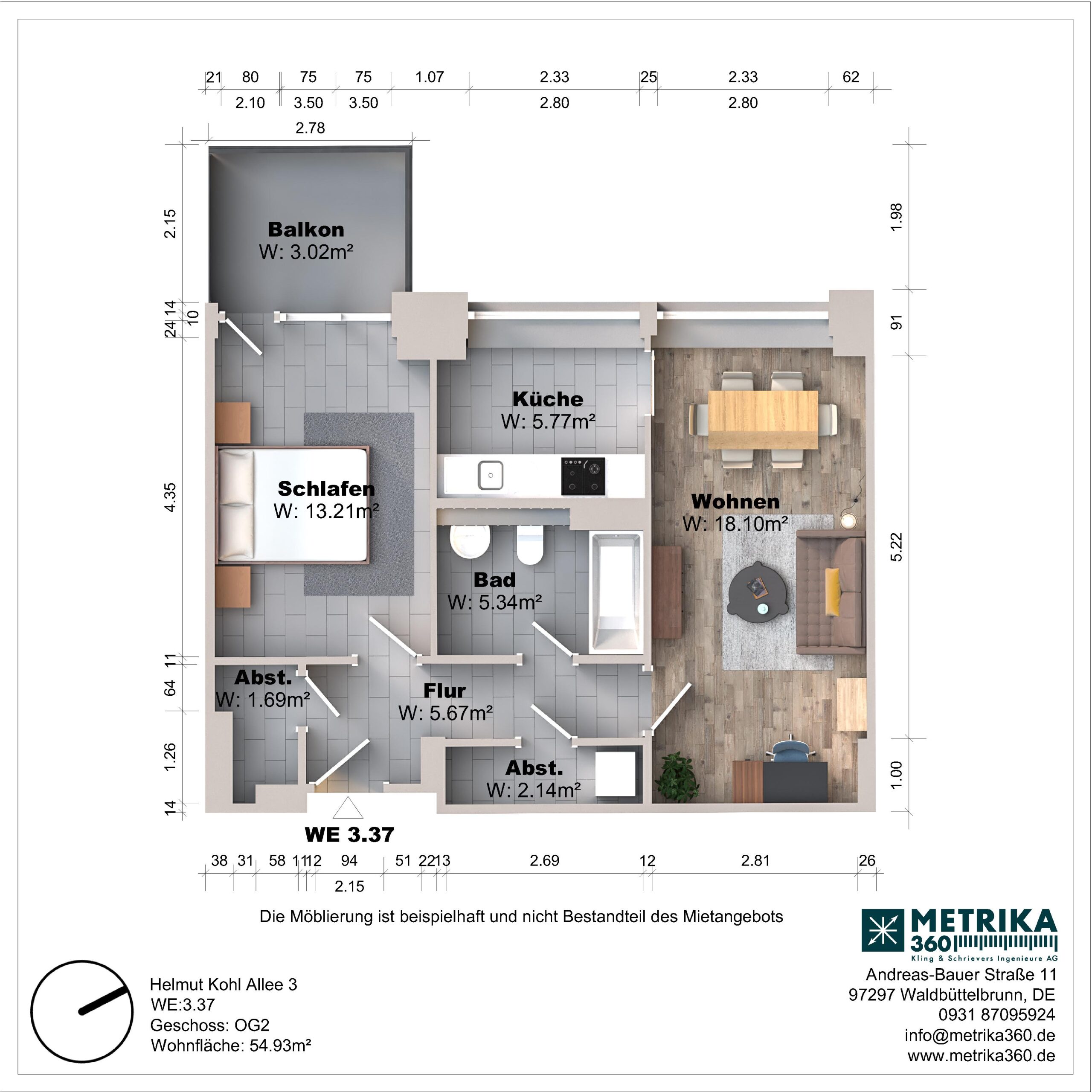 Grundriss einer Wohnung mit Balkon und Zimmeraufteilung.