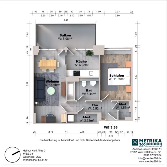 Grundriss einer Wohnung mit Balkon und Zimmeraufteilung.
