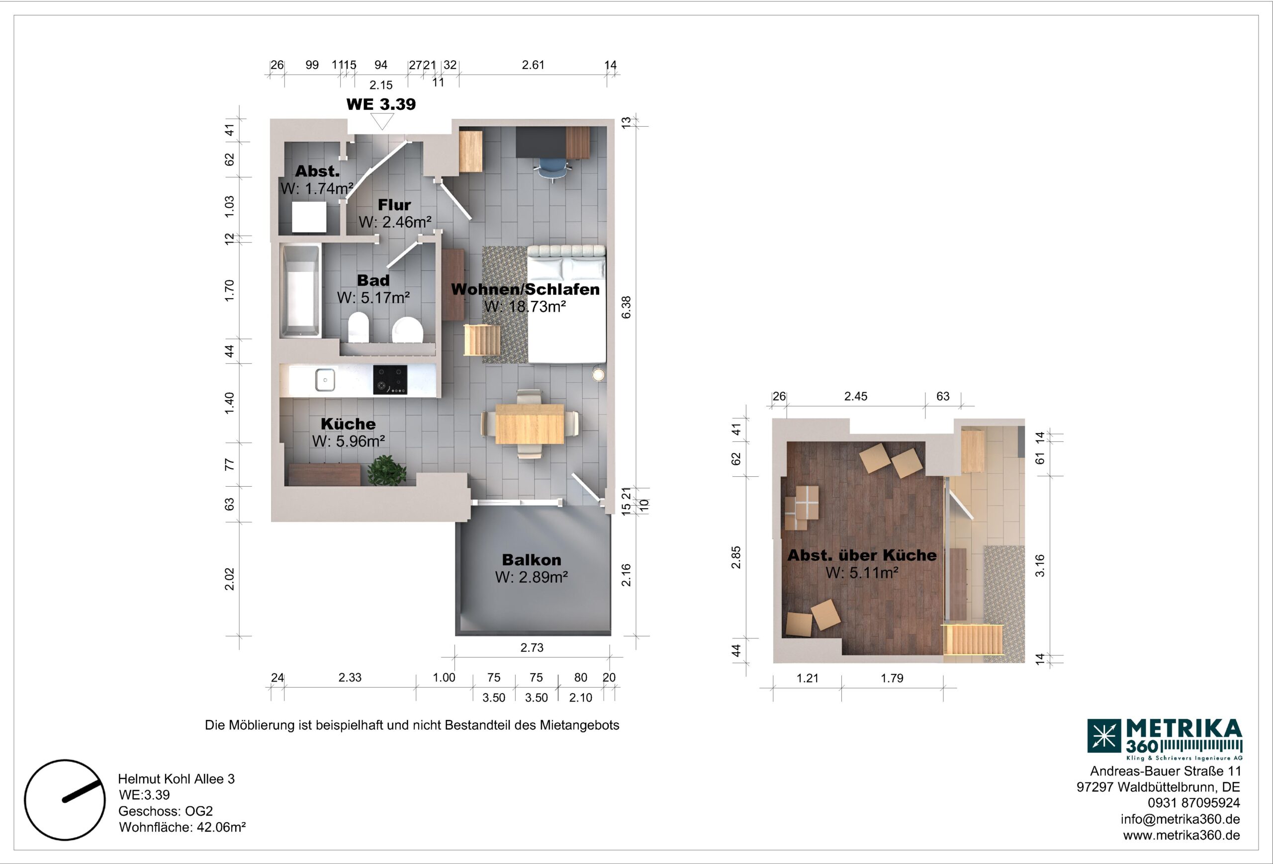 Grundriss einer Wohnung mit Balkon und Küche.