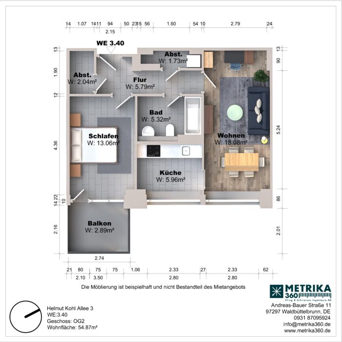 Grundriss einer Wohnung mit Balkon und Zimmeraufteilung.