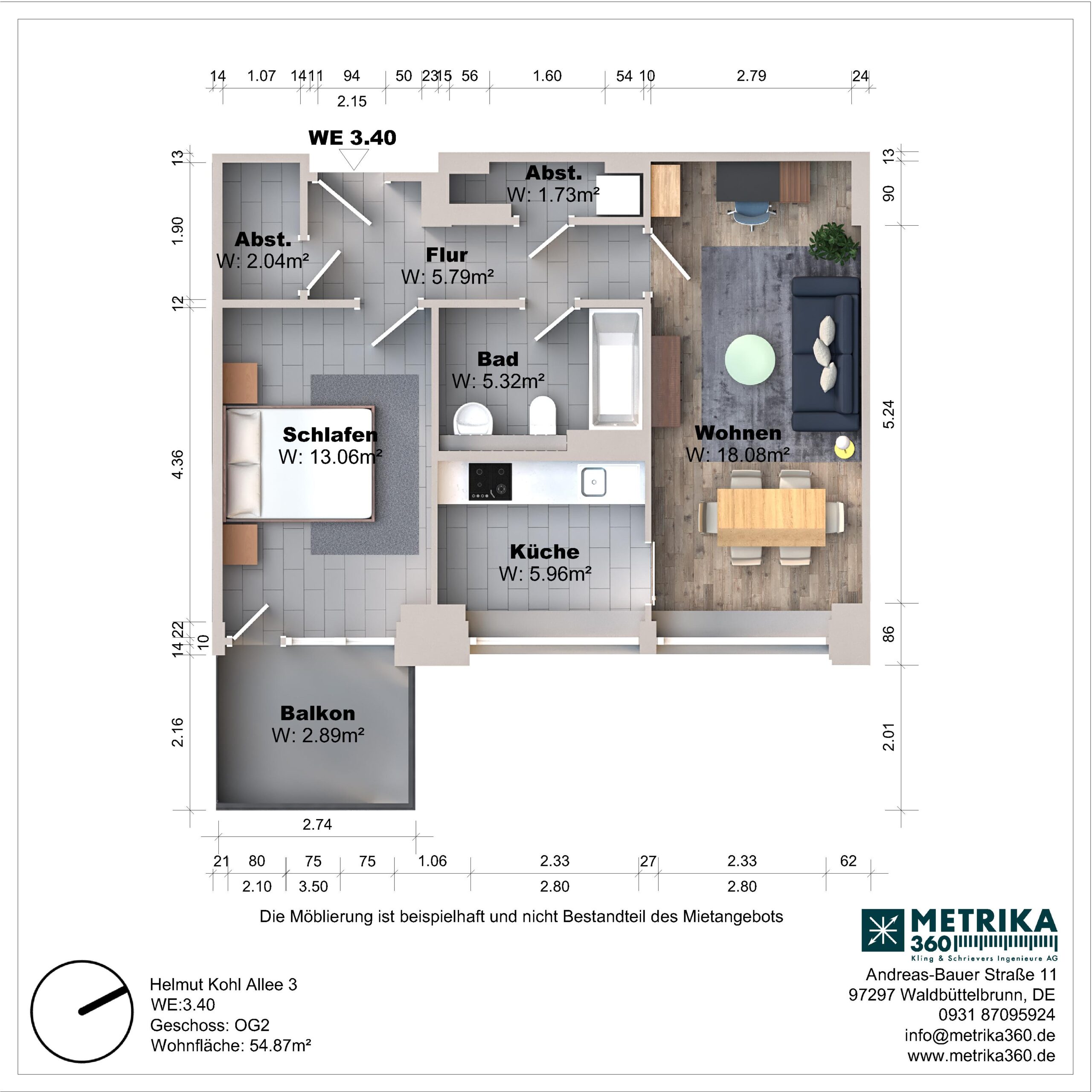 Grundriss einer Wohnung mit Balkon und Zimmeraufteilung.