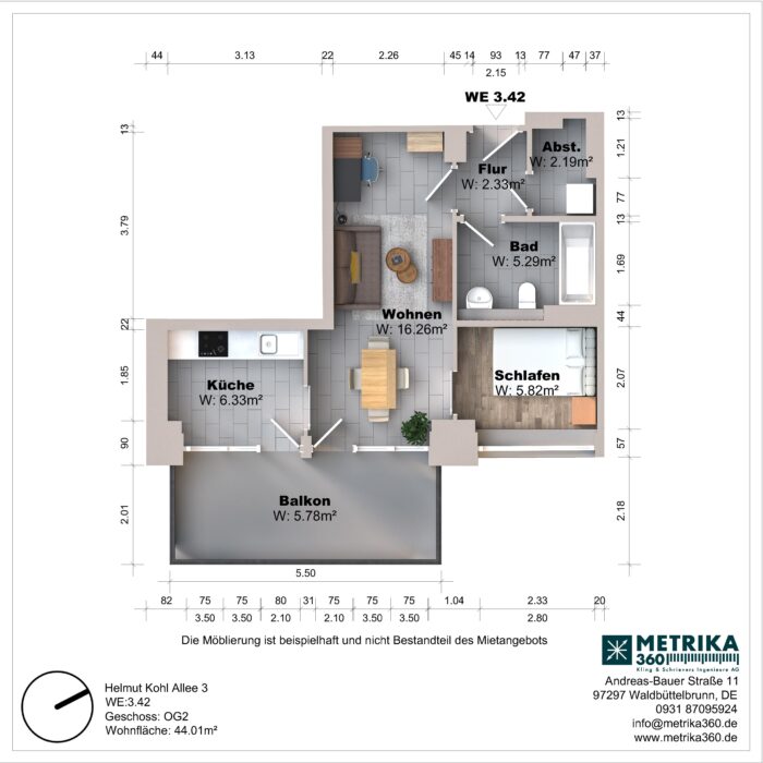 Grundriss einer Wohnung mit Balkon und Zimmeraufteilung.