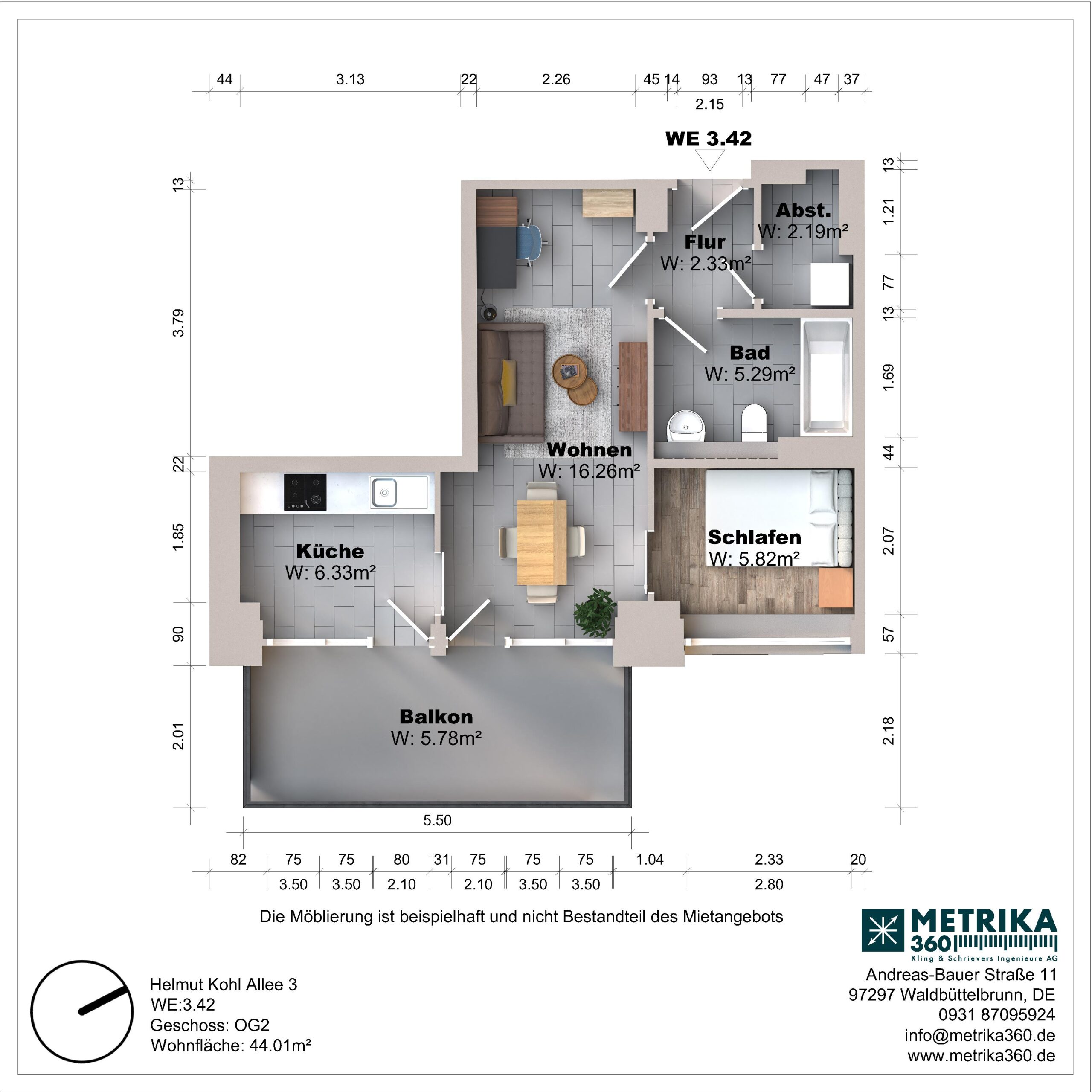 Grundriss einer Wohnung mit Balkon und Zimmeraufteilung.