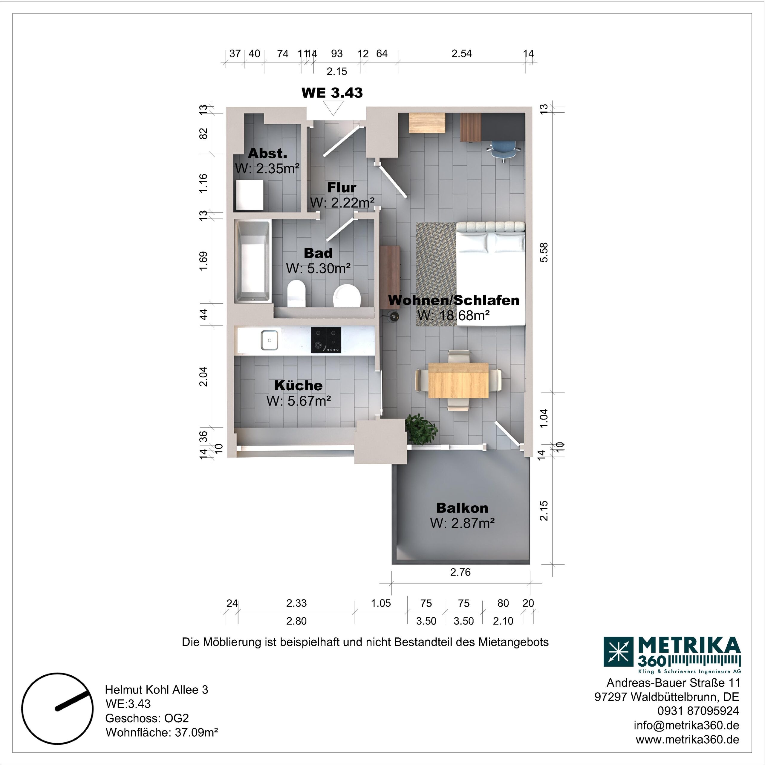 Grundriss einer Einzimmerwohnung mit Balkon und Küche.