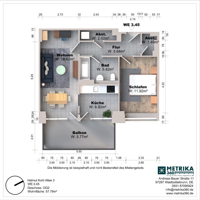 Grundriss einer Wohnung mit Balkon und Zimmeraufteilung.