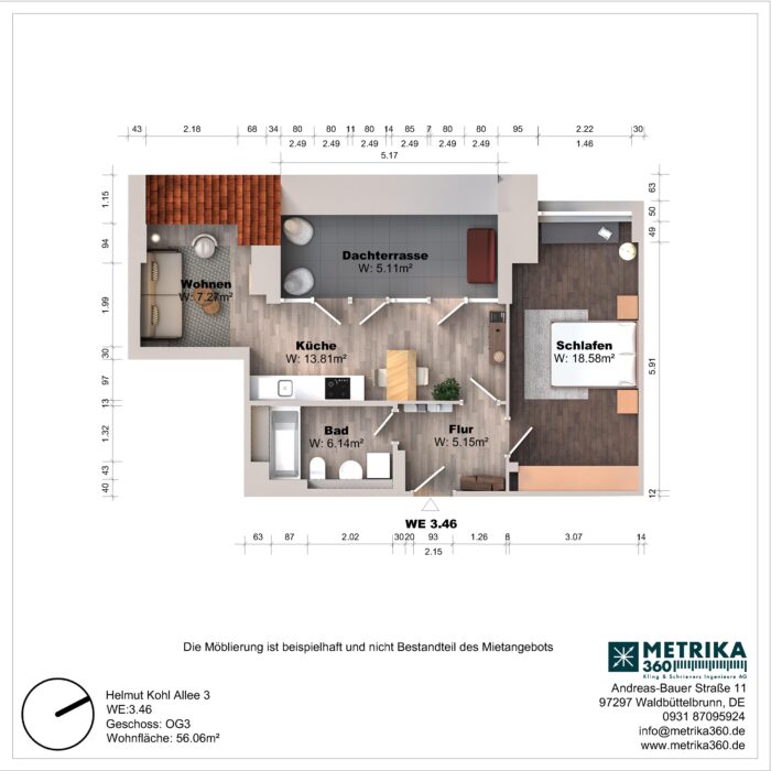 Grundriss einer Wohnung mit Dachterrasse und Möbelanordnung.
