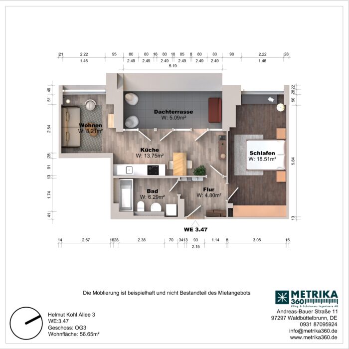 Grundriss einer Wohnung mit Dachterrasse und Zimmeraufteilung.