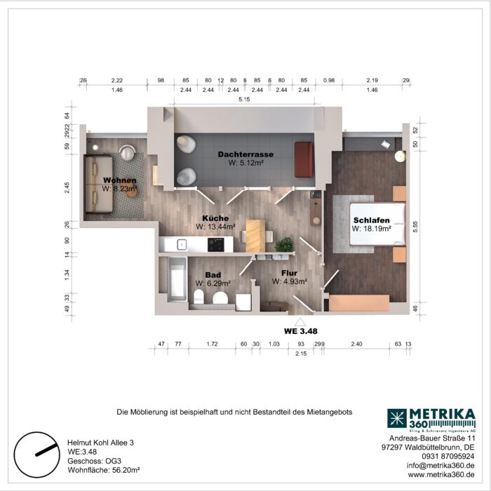 Grundriss einer Wohnung mit Dachterrasse und Zimmeraufteilung.
