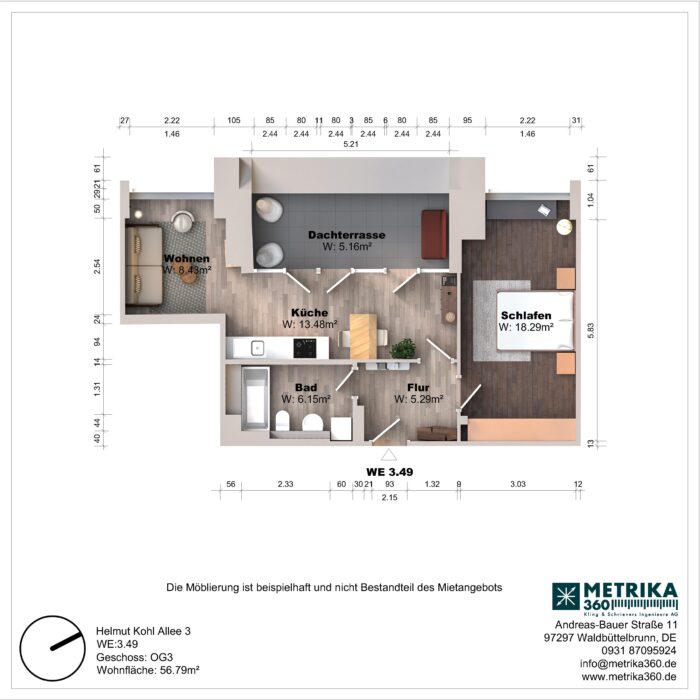 Grundriss einer Wohnung mit Dachterrasse und Möbeln.
