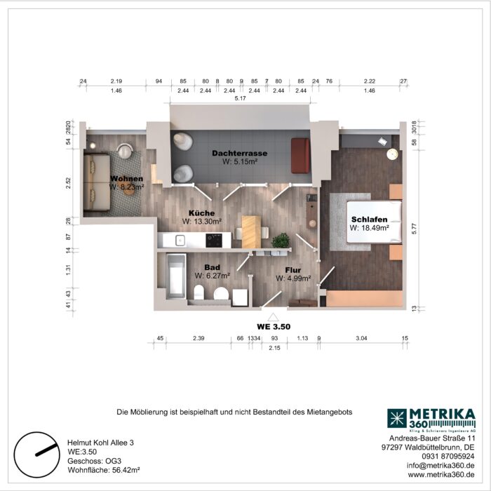 Grundriss einer Wohnung mit Dachterrasse und Zimmeraufteilung.