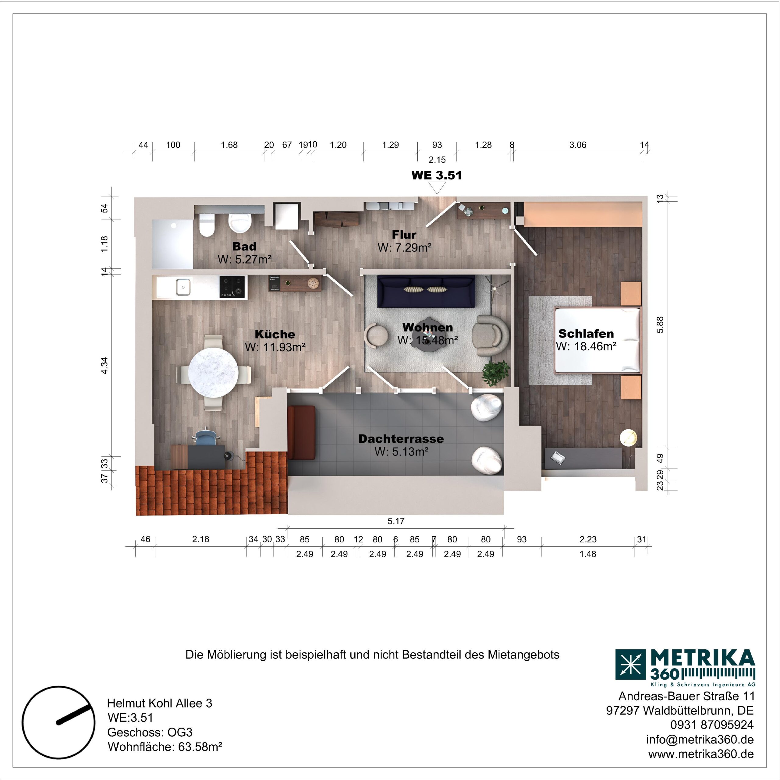 Grundriss einer Wohnung mit Dachterrasse und Möbeln.