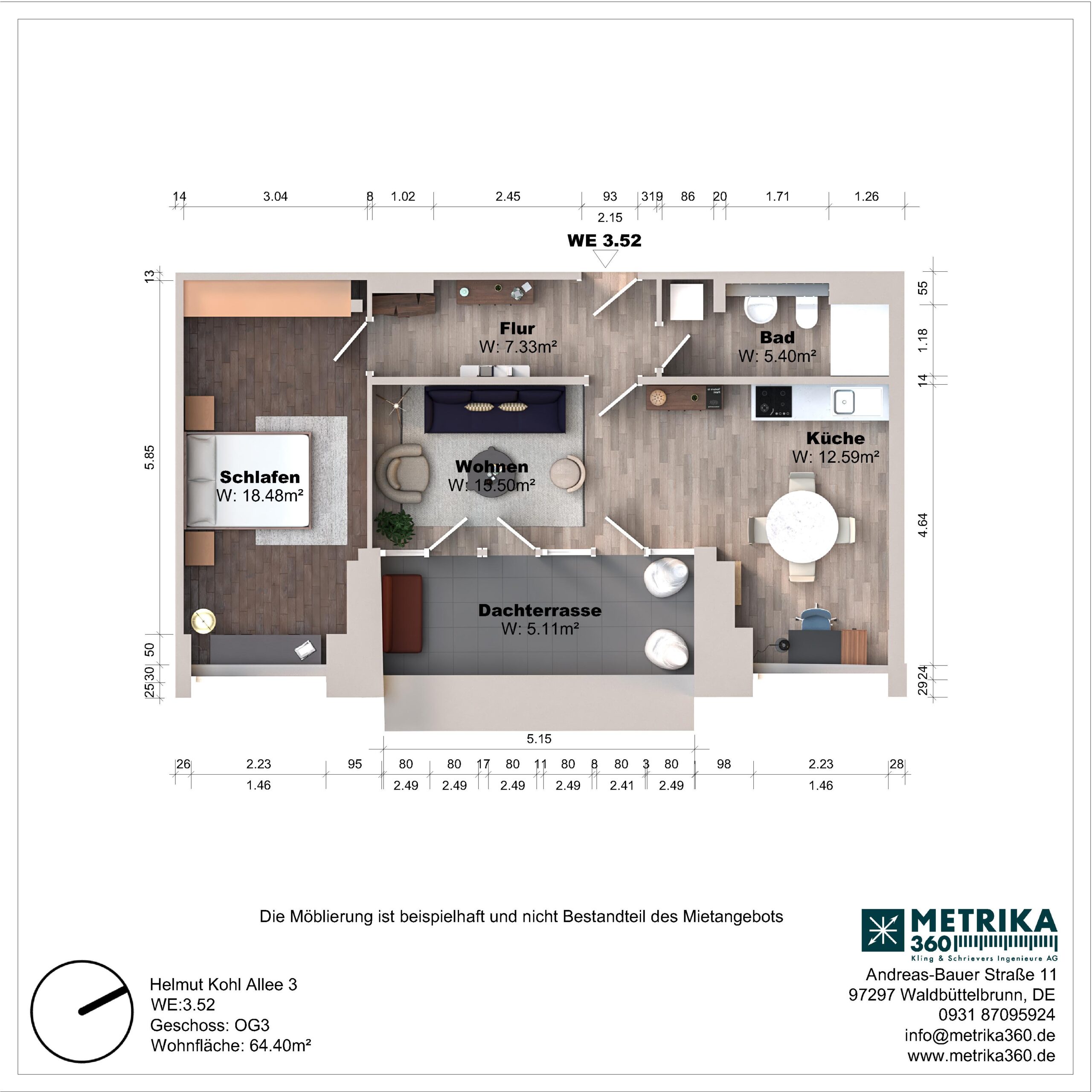 Grundriss einer Wohnung mit Dachterrasse und Zimmeraufteilung.