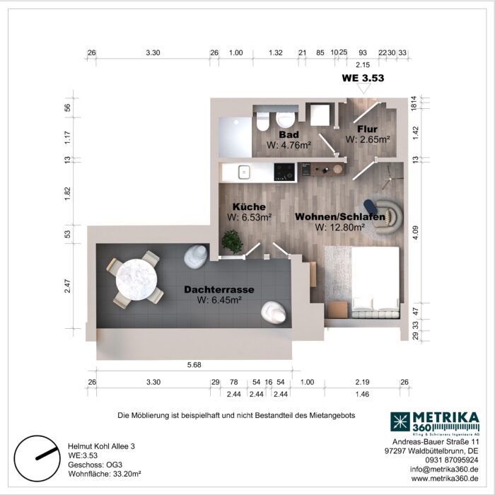 Grundriss einer Wohnung mit Dachterrasse und Möbeln.